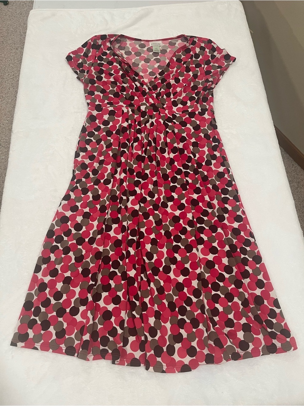 Motherhood Maternity Pink and Brown Polka Dot Empire Waist Dress - Size Small